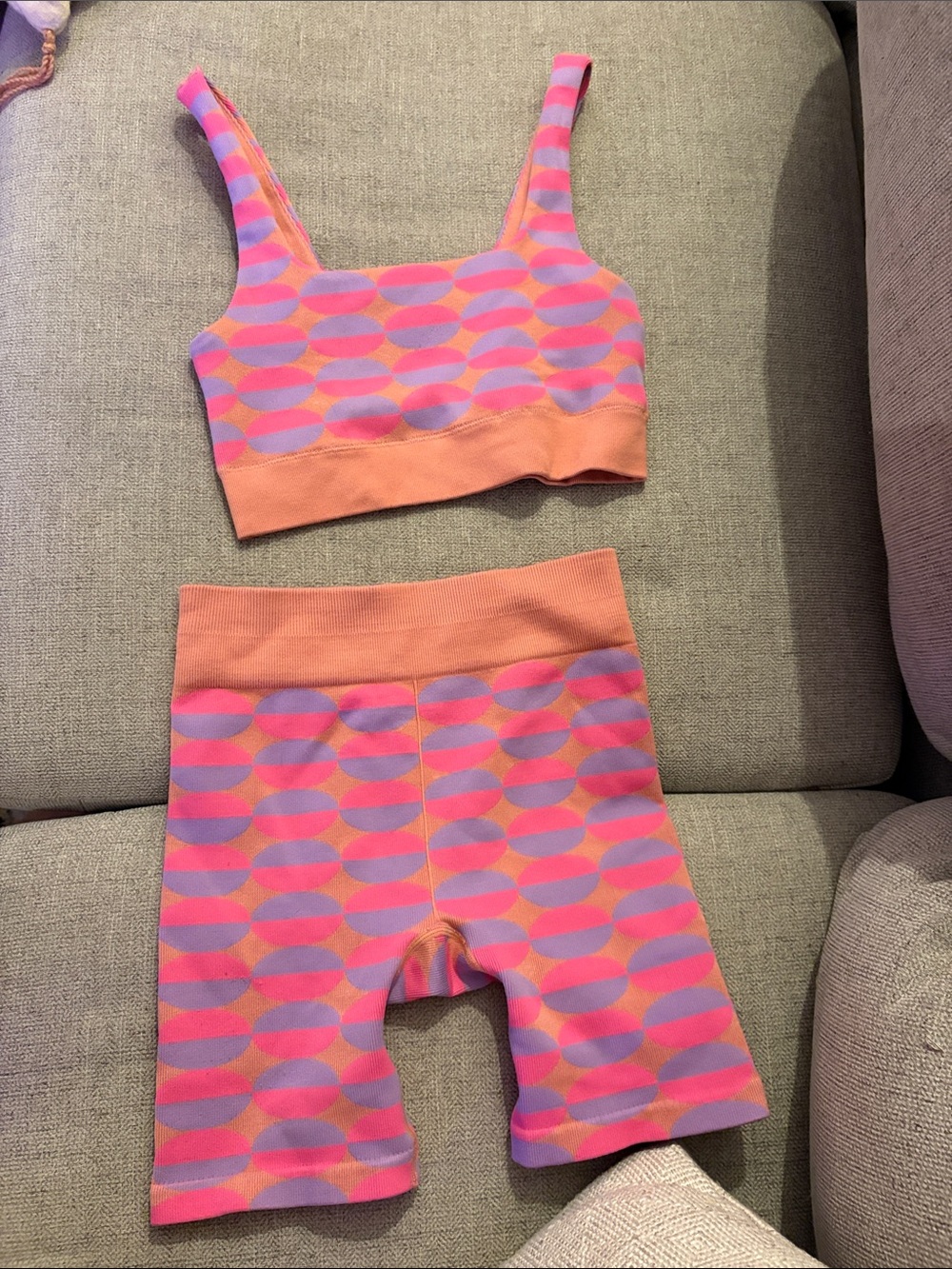 Fabletics Pink Lavender Orange Geo Seamless Sports Bra & Biker Shorts Set